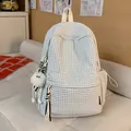 Large capacity Korean white plaid backpack for students with plush charm pendant - With Charm / White