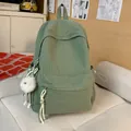 Korean style green plaid high-capacity student backpack featuring cute fluffy keychain - With Charm / Green