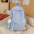 Lightweight blue checkered student backpack with cute fluffy pom-pom pendant charm - With Charm / Blue
