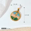 Pendentif émaillé style jardin de Monet avec largeur de 1,6 cm et poids de 2,5 g - Pendentif Rond Rose Doré Peint (SMP53244)