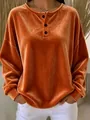 Detaillierte Ansicht des orangefarbenen Velours-Langarm-Sweatshirts mit Knopfleiste - S / Oberteile / Orange