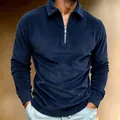 Close-up detail of navy blue corduroy long sleeve polo shirt for men with zipper collar - Navy Blue