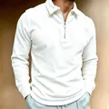 Close-up of white corduroy texture on men's quarter-zip long sleeve polo shirt - S / Tops / White