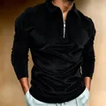 Detailed view of men's black corduroy long-sleeve polo shirt with quarter-zip collar - S / Tops / Black