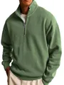 Close-up detail of a men's olive green half-zip sweatshirt with a stylish stand collar - XL / Tops / Green