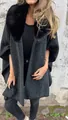 Detail of women's dark grey cloak coat featuring a premium lush black faux fur collar - Black
