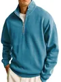 Close-up detail of men's teal half-zip stand collar sweatshirt showing fabric and zipper - S / Tops / Teal