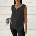 Casual mouwloze zomertop van katoen en linnen met V-hals en decoratief knoopdetail - S / Top (YMF-01) / Zwart