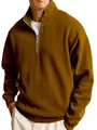 Close-up detail of a men's fashionable half-zip standing collar sweatshirt in rich brown color - S / Tops / Brown