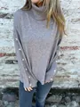 Detail showing the elegant turtleneck and buttoned sleeve accents of the brown knit sweater. - S / Tops / Gray