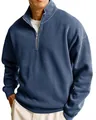 Premium men's casual blue half-zip sweatshirt with stand-up collar and ribbed cuffs. - Navy Blue