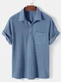 Detailed view of the blue corduroy fabric and lapel collar of a men's casual shirt - S / Top And Bottom / Dark Blue