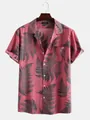 Pink Hawaiian shirt detail featuring dark green fern leaf prints and casual camp collar. - S / Tops / Pink