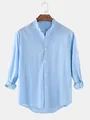 Front view of men's light blue linen shirt featuring stand collar and chest pocket - S / Tops / Light Blue