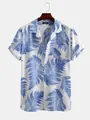 Men's casual short-sleeved beach shirt featuring a blue fern leaf print on white fabric - S / Tops / Light Blue