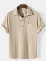 Close-up of men's beige corduroy short-sleeve shirt with polo collar and pocket - S / Tops / Apricot