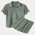 Close-up of men's sage green corduroy short sleeve shirt and matching shorts set. - S / Top And Bottom / Green