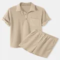 Two-piece men's corduroy set with short sleeve polo shirt and matching drawstring shorts - S / Top And Bottom / Apricot