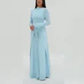 Elegant light blue long-sleeved maxi dress with waist ring buckle detail and pleated draping - S / Sky Blue