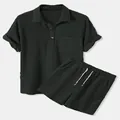 Men's casual loose corduroy shirt and shorts two-piece set in dark grey texture - S / Top And Bottom / Black