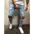 Men's light blue slim-fit ripped denim jeans with distressed knee details in street style. - S / Bottoms / Light Blue
