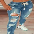 Women's high waist distressed skinny blue jeans with elastic drawstring waist - S / Bottoms / Light Blue