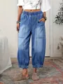 Detailed view of women's retro denim cropped wide-leg pants with elastic waist. - 3XL / Bottoms / Blue