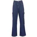 Women's vintage high waisted loose cargo jeans with side pockets in deep blue wash - S / Bottoms / Blue