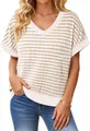 Detailed view of casual women's V-neck short-sleeved knit top with brown horizontal stripes - S / Tops / Apricot