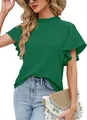 Detailed visual of a women's elegant green ruffle short sleeve blouse for professional work - S / Tops / Green