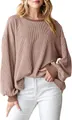 Close-up of a loose-fit mauve textured ribbed knit sweatshirt with long sleeves. - S / Tops / Dark Khaki