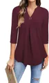 Casual women's 3/4 sleeve V-neck burgundy tunic blouse with pleats and metal ring - Burgundy