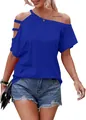 Detailed view of the royal blue off-the-shoulder summer T-shirt with unique strap design - S / Tops / Sapphire Blue