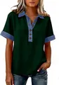 Donkergroen poloshirt met korte mouwen voor dames met denim bies en knopen. - S / Tops / Marineblauw