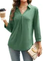 Elegant women's green V-neck shirt with collar and pleated detail shown on model - Tops / Green / S