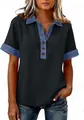 Chique zwarte losse polotop voor dames met stijlvolle blauwe denim kraag en mouwafwerking. - S / Tops / donkergrijs