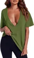 Detail view of women's sexy deep V-neck short sleeve t-shirt in olive green cotton - S / Tops / Army Green