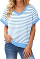 Detailed look at the soft knit texture of this blue and white striped V-neck loose fit t-shirt - S / Tops / Sky Blue