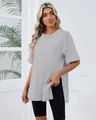 Loose fit grey short sleeve T-shirt for women with side slit and round neck design - S / Tops / Light Gray