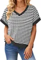 Detailed view of women's casual V-neck striped knit T-shirt showcasing texture and fit - S / Tops / Black