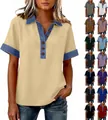 Gedetailleerd overzicht van dames polo t-shirt met denim bies en diverse kleurkeuzes - S / Tops / Khaki