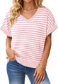 Women's casual V-neck t-shirt featuring a pink and white textured knit stripe pattern - S / Tops / Pink