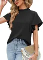 Detailed view of women's black ruffled short sleeve blouse with elegant mock neck pleats - S / Tops / Black