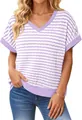 Detailweergave van een stijlvol dames-T-shirt met V-hals en paars gebreide strepen - Violet