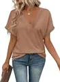 Detailed view of women's loose V-neck short-sleeve T-shirt in solid earthy khaki color. - S / Tops / Tan