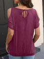 Back view detail of a loose burgundy cold shoulder T-shirt for women with tie-back neck - Fuschia