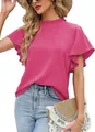 Close-up of elegant magenta mock neck top featuring pleated flutter sleeves for women - S / Tops / Peach