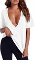Close-up detail of a white sexy deep V-neck short sleeve T-shirt for women - S / Tops / White