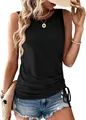 Close-up of black sleeveless knit tank top with side drawstring ruching detail - S / Tops / Black