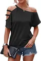Detailed view of women's black off-the-shoulder t-shirt with cutout straps - S / Tops / Black